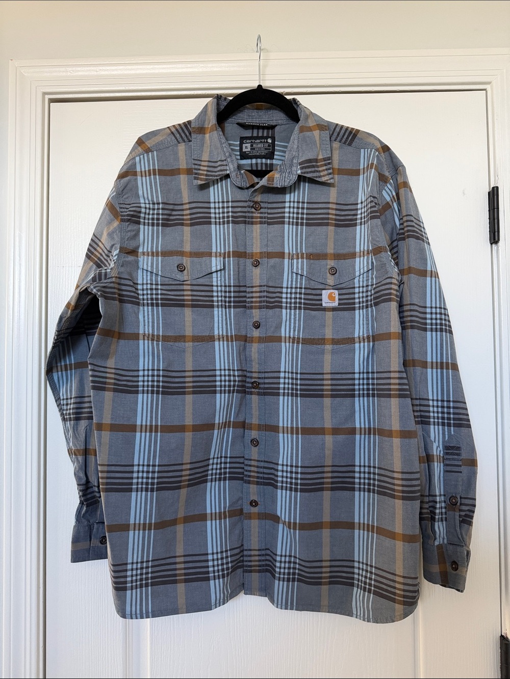 Carhartt Men’s Plaid Button-Down Shirt - Light Blue & Brown